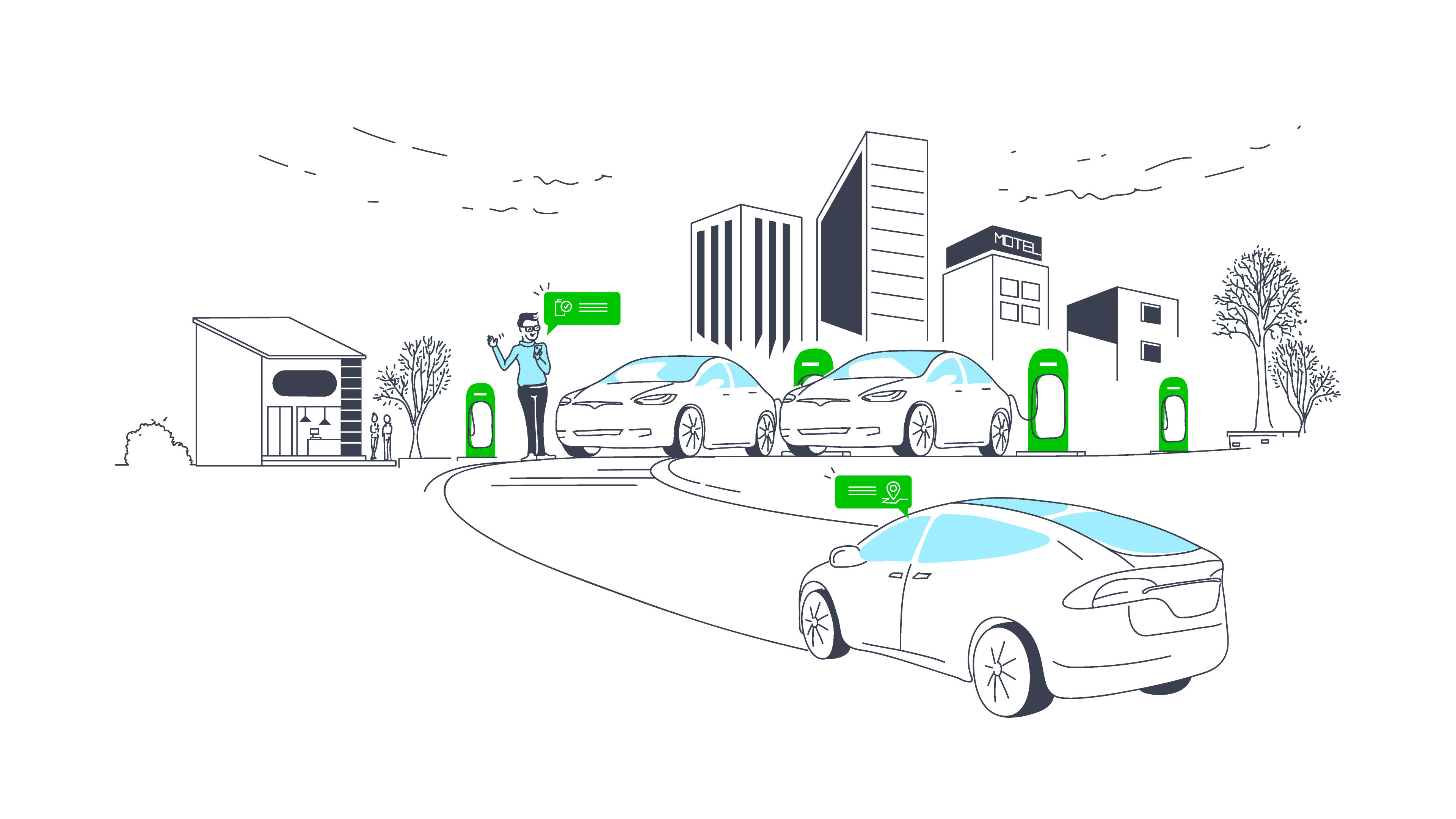 Relay EV hero image, showing a scene of drivers arriving and charging